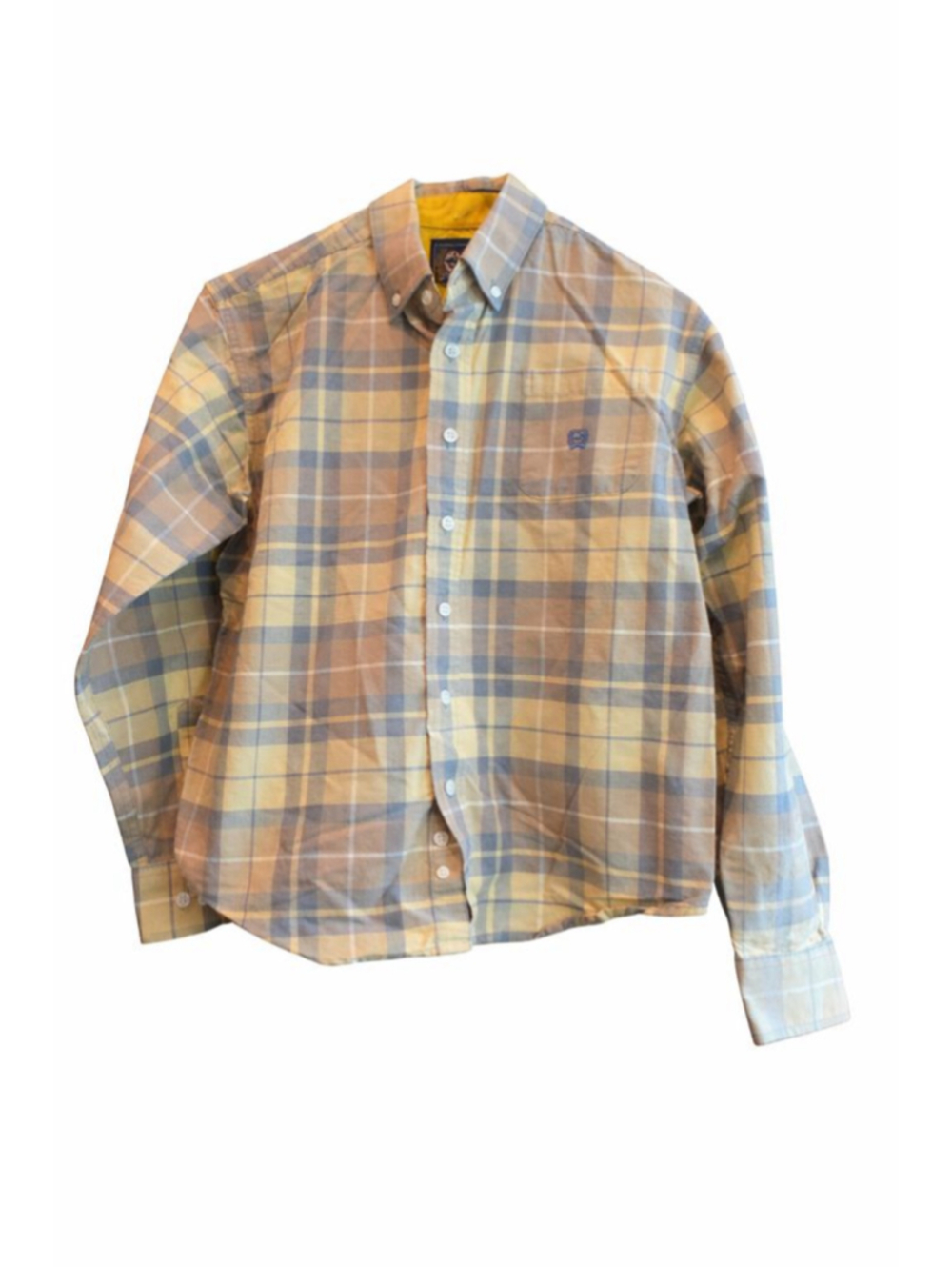 Cinch Boys Plaid Button Down Shirt XL Western Cowboy Cotton Blue Tan Yellow